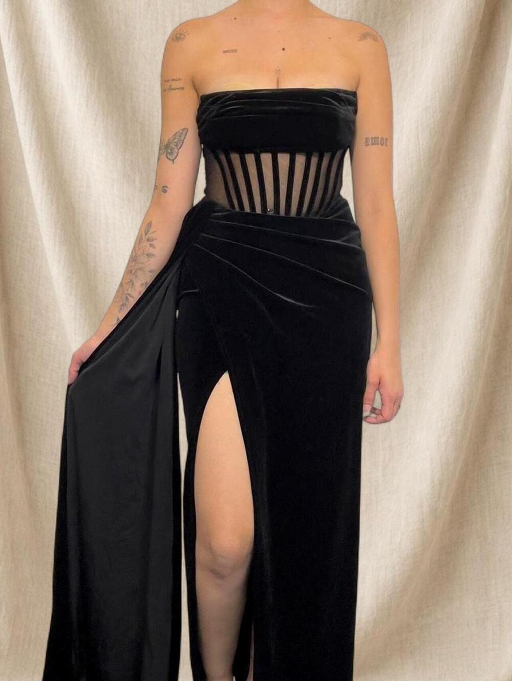 Black velvet maxi dress with sheer panel and front slit